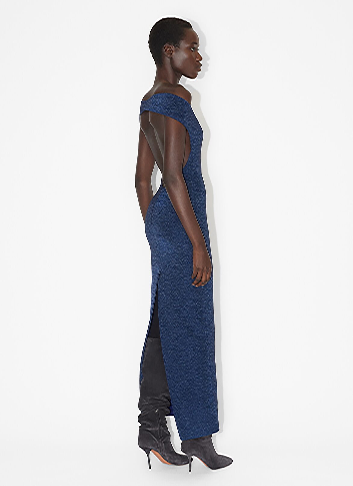 Lurex off-shoulder gown ALAÏA BLUE LUREX OFF-SHOULDER GOWN